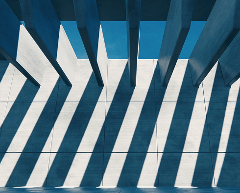 Modern architecture with blue geometric patterns